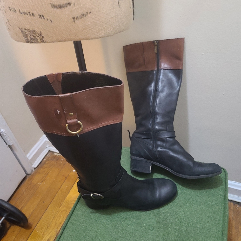 Black and cognac leather riding boots